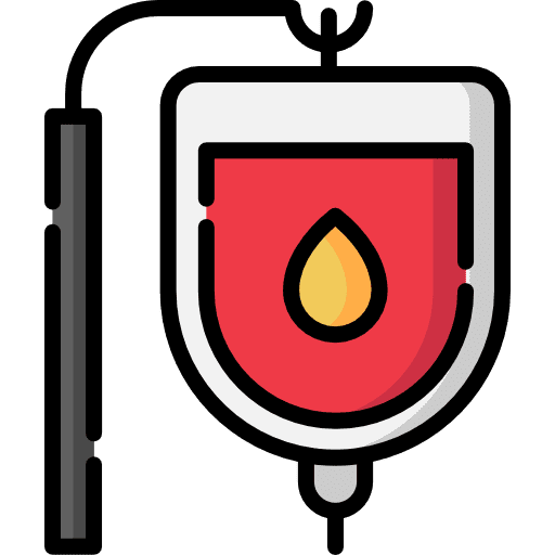 A red blood donation bag, representing blood transfusions and medical support